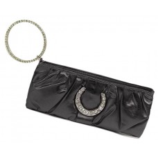 Evening Bag - 12 PCS - Shiny Leather-Like Pleated w/ Crystal Accent Ring - Black - BG-90373B